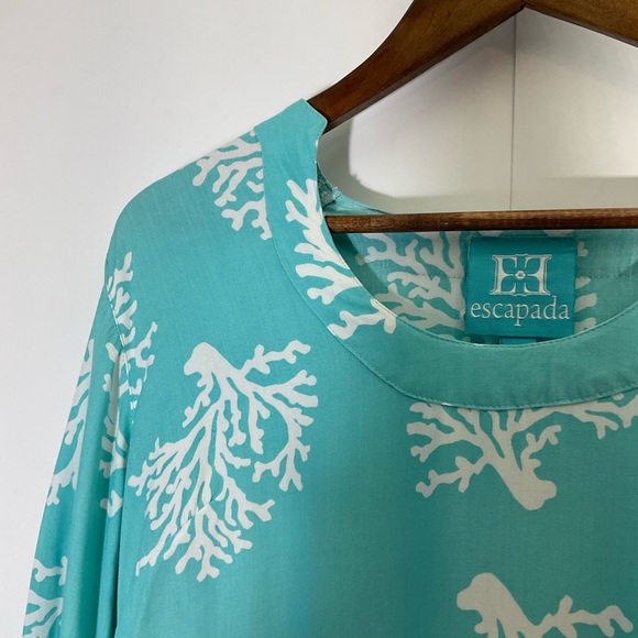 Escapada Swim Cover-Up Turquoise Blue White Coral Pattern Long Sleeve Size Med - Picture 8 of 16